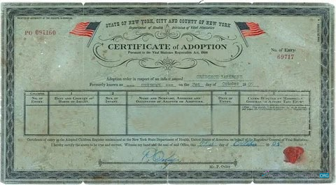 Download New York Registry of vital statistics adoption certificate Photoshop template